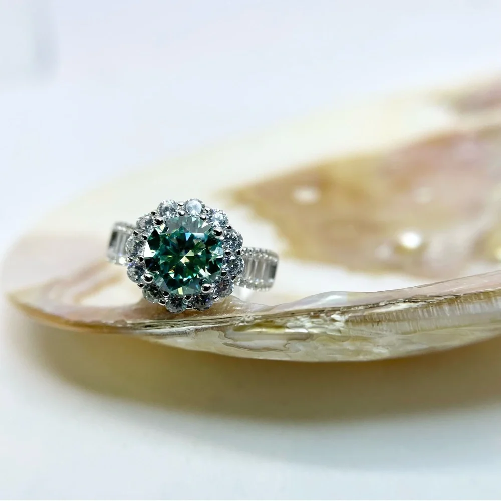 Moissanite Halo Ring Aqua Blue Center & Baguette Accents 18K White Gold Finish - Picture 14 of 16